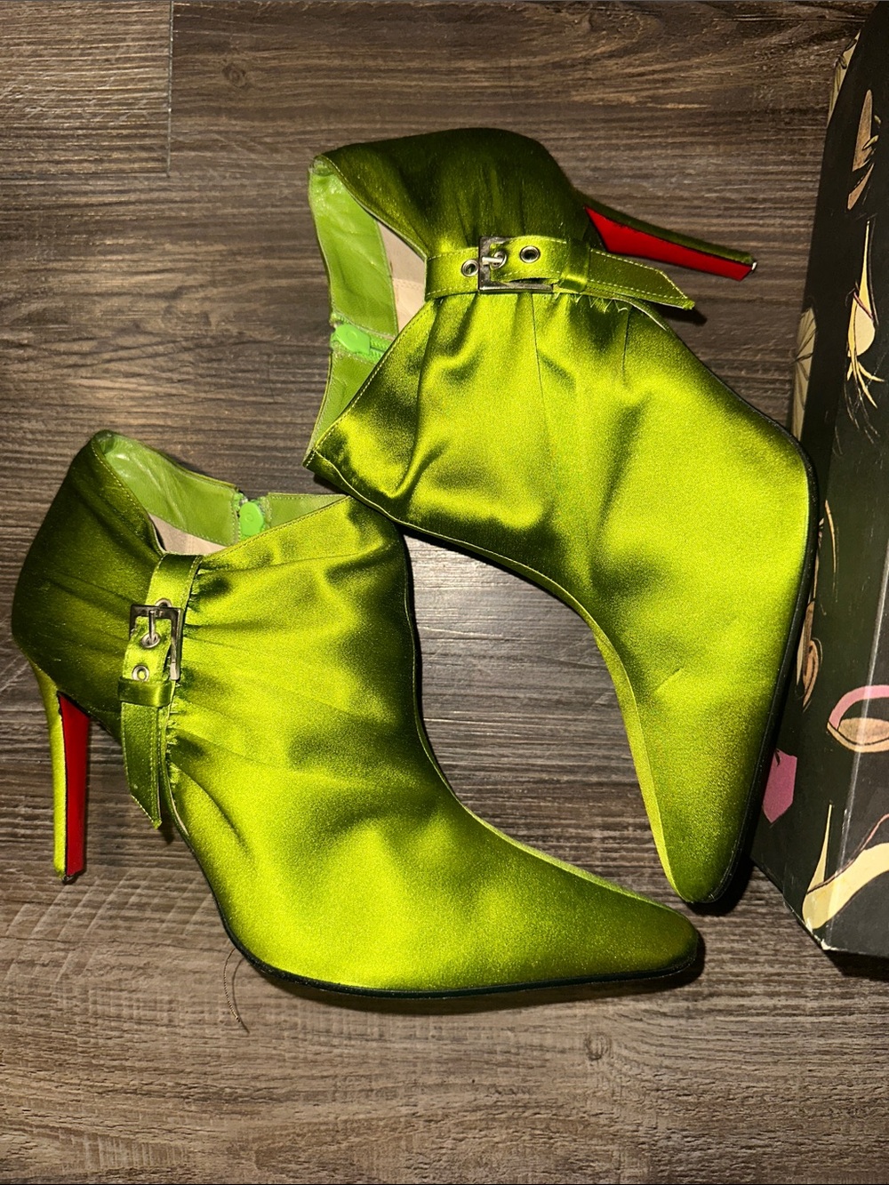 Christian Louboutin Lime Green Satin Pointed Ankle Booties with Buckle
